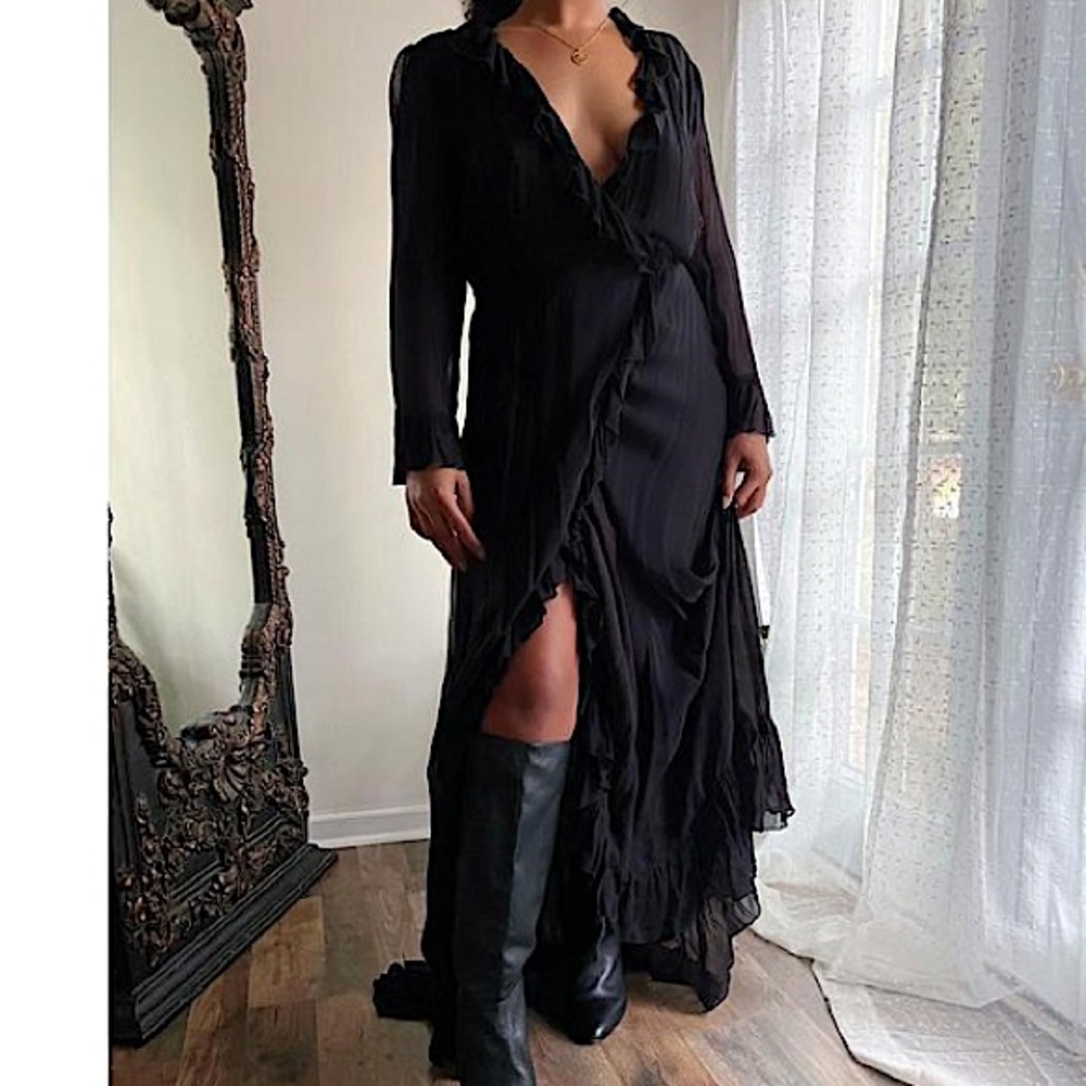 Large tie waist dress long sleeve maxi black size large ruffle